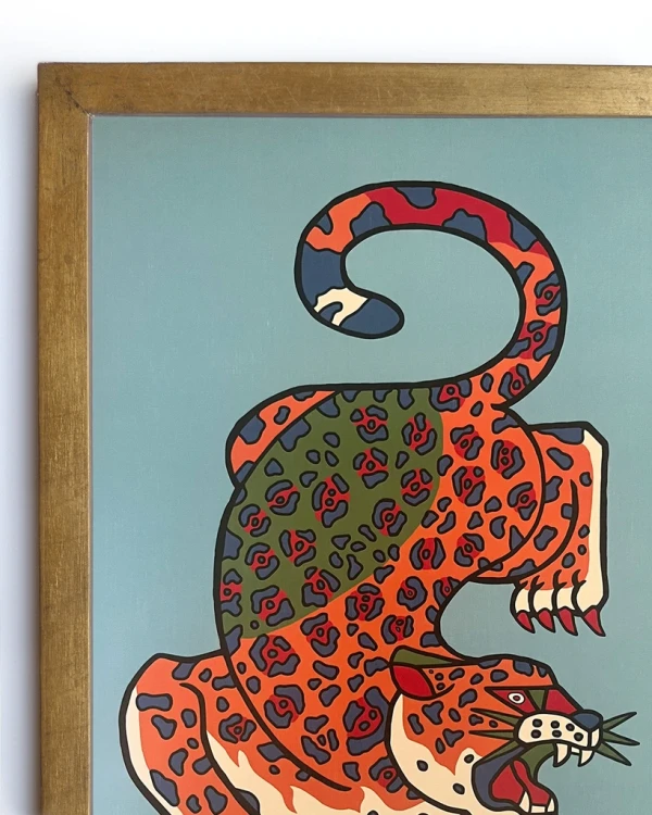 Jaguar Geométrio - naranja / Marco chato de 2 x 2 cm dorado a la hoja - 49x36