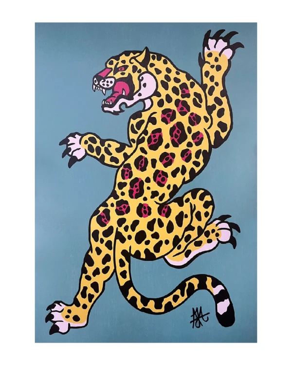 Jaguar Danzante - Celeste / Marco negro con fondo negro  pequeño -  42x33 cm