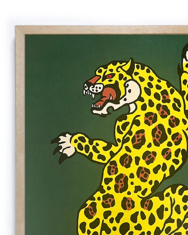 Jaguar Danzante - Verde / Marco de madera cera de 1 cm pequeño - 32x23 cm