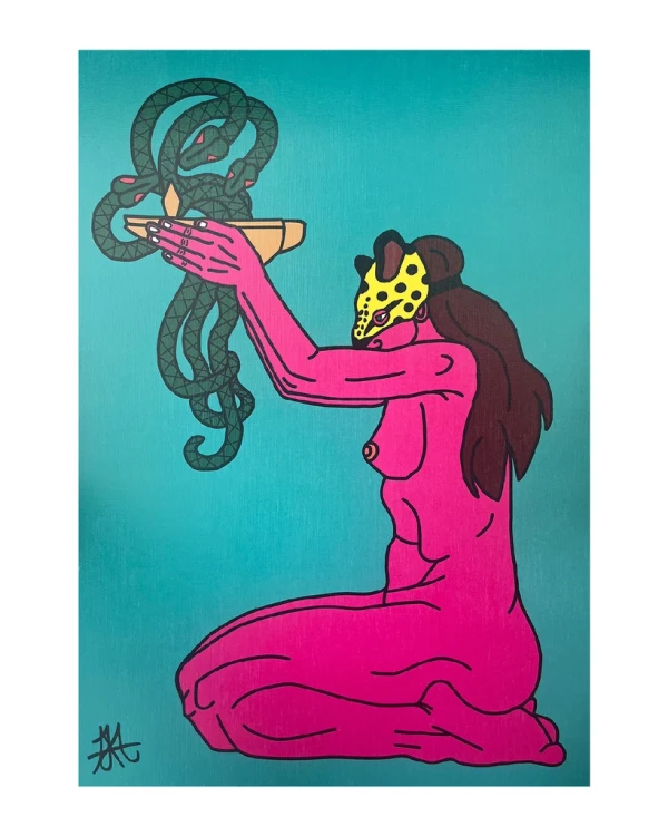 La ofrenda - turquesa / Marco Negro de 2x3,5 cm + Fondo negro Grande - 57x44c m