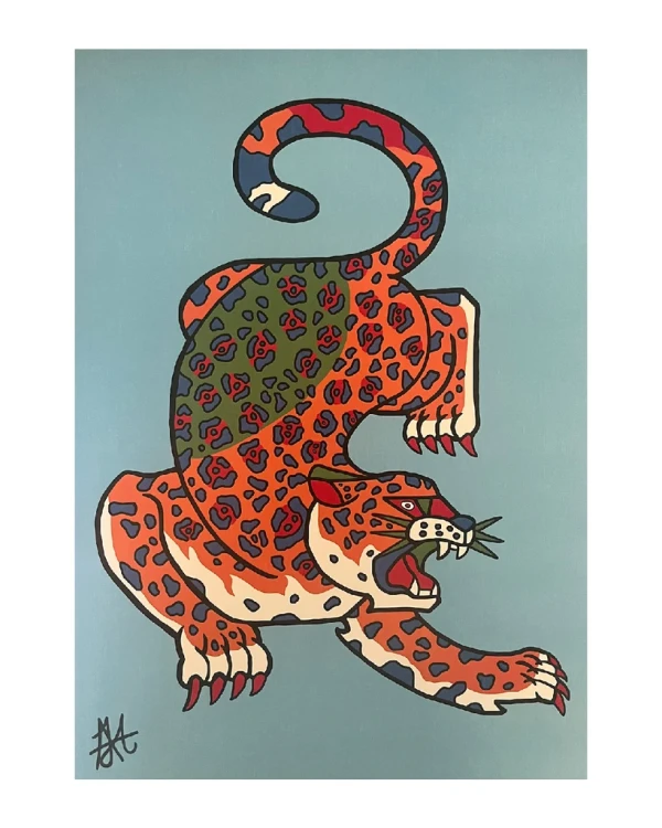 Jaguar Geométrio - naranja / Marco chato de 2 x 2 cm dorado a la hoja - 49x36