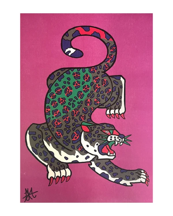 Jaguar Geométrio - verde / Marco chato de 2 x 2 cm dorado a la hoja - 49x36