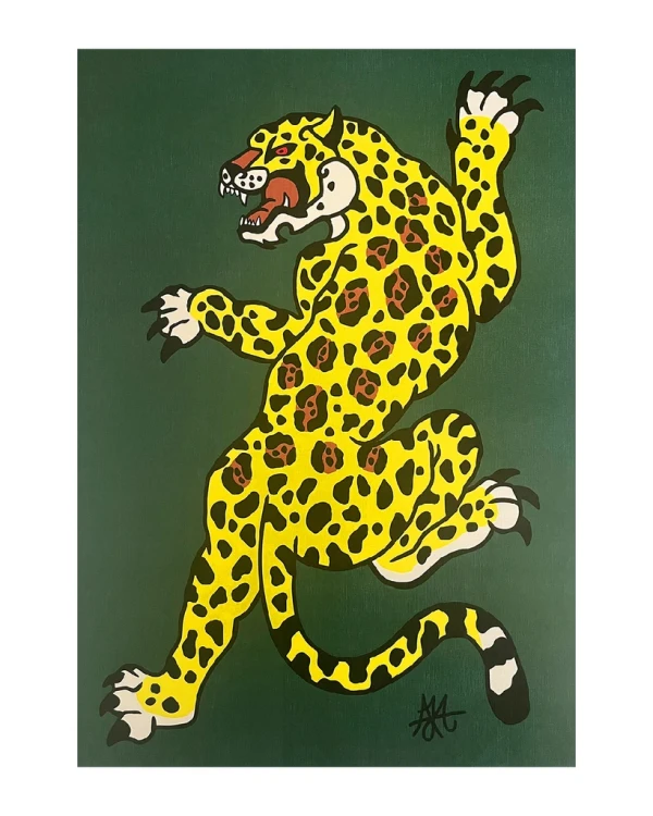 Jaguar Danzante - Verde / Marco negro con fondo ocre grande - 57x44 cm