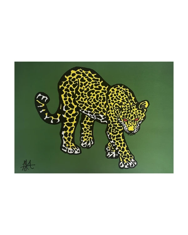Jaguar al acecho - Verde / Marco dorado a la hoja con garganta grande - 52x39 cm