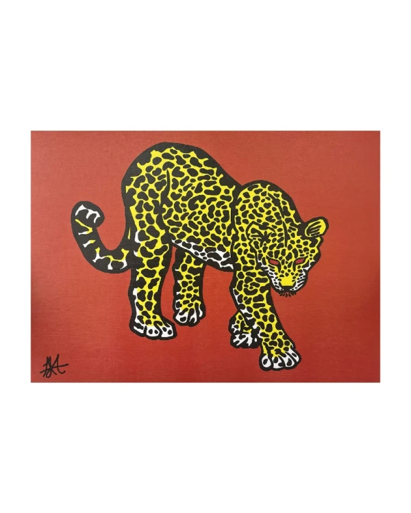 Jaguar al acecho - Verde / Marco en madera marupá cera de 3cm con passpartou grande - 51x38 cm