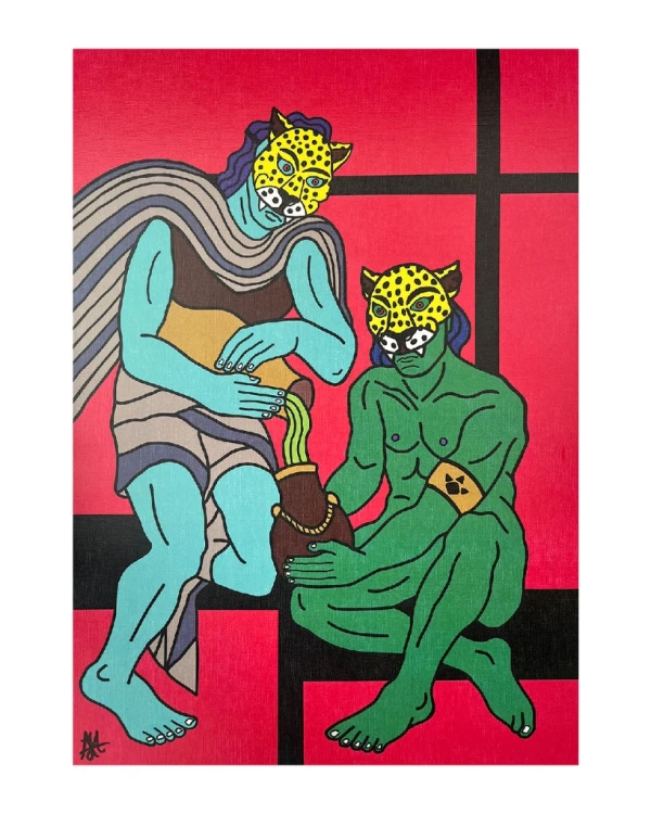 Dos Chamanes y una poción - Rojo / Marco chato de 3cm negro grande - 51 x 38cm