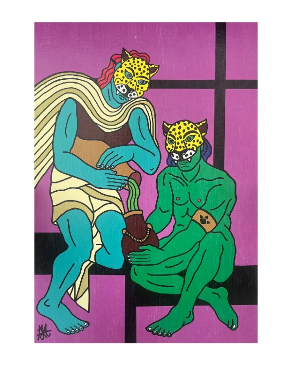 Dos Chamanes y una poción - Violeta / Marco de 1,5 x 3,5 negro grande - 48 x 35cm