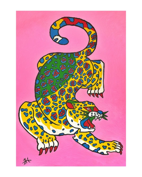 Jaguar Geométrico - 35x50 / Marco negro liso (2 ancho x 3,5 profundidad) + 3 cm de fondo Negro