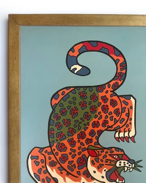 Jaguar Geométrio - naranja / Marco chato de 2 x 2 cm dorado a la hoja - 49x36