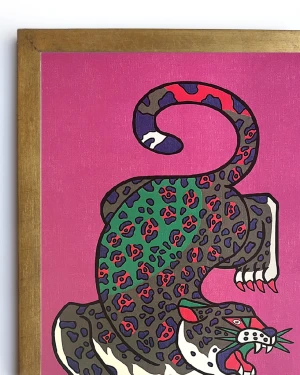 Jaguar Geométrio - verde / Marco chato de 2 x 2 cm dorado a la hoja - 49x36