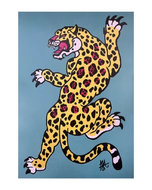 Jaguar Danzante - Celeste / Marco negro con fondo negro  pequeño -  42x33 cm