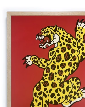 Jaguar Danzante - Rojo / Marco de madera cera de 1 cm pequeño - 32x23 cm
