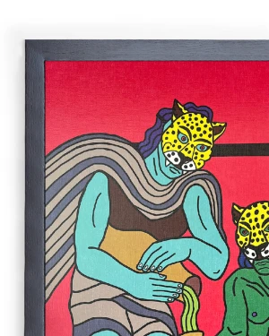 Dos Chamanes y una poción - Rojo / Marco de 1,5 x 3,5 negro grande - 48 x 35cm