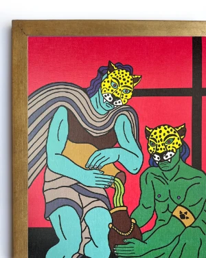 Dos Chamanes y una poción - Rojo / Marco Chato de 20x20 dorado a la hoja grande - 49 x 36cm