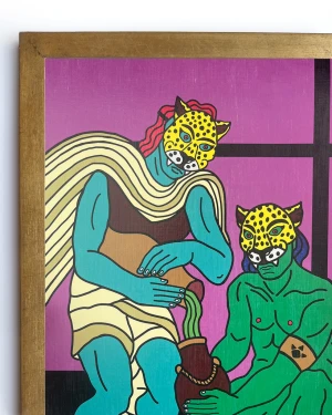 Dos Chamanes y una poción - Violeta / Marco Chato de 20x20 dorado a la hoja pequeño - 24 x 35cm