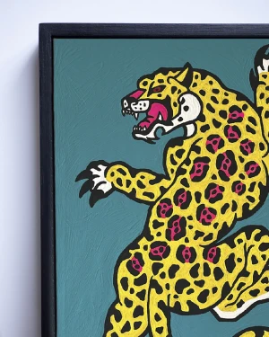 Jaguar Danzante - 50x70 / Marco negro liso al borde (1,5 cm ancho de frente x 3 cm de profundidad)