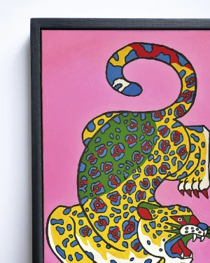 Jaguar Geométrico - 50x70 / Marco negro liso al borde (1,5 cm ancho de frente x 3 cm de profundidad)