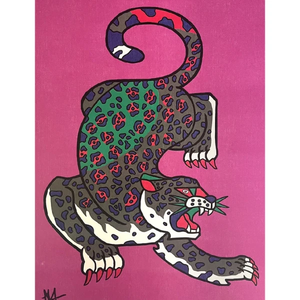 Jaguar Geométrio - amarilla / Marco chato de 2 x 2 cm dorado a la hoja - 34x25