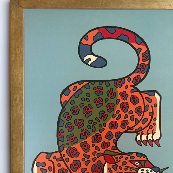 Jaguar Geométrio - naranja / Marco chato de 2 x 2 cm dorado a la hoja - 49x36