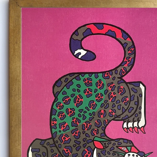 Jaguar Geométrio - verde / Marco chato de 2 x 2 cm dorado a la hoja - 49x36