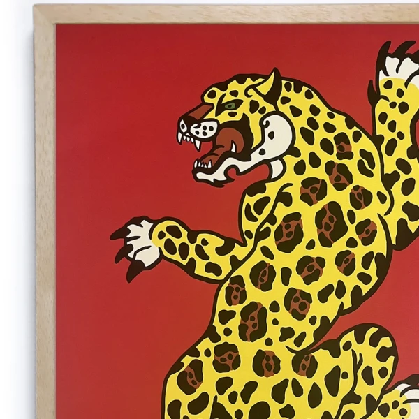 Jaguar Danzante - Rojo / Marco de madera cera de 1 cm grande -  47x34 cm