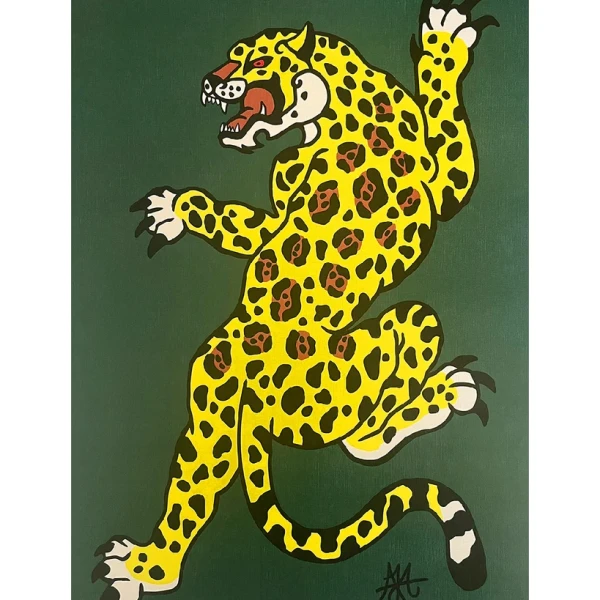 Jaguar Danzante - Rojo / Marco de madera cera de 1 cm grande -  47x34 cm