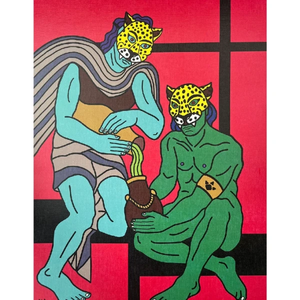 Dos Chamanes y una poción - Rojo / Marco de 1,5 x 3,5 negro grande - 48 x 35cm