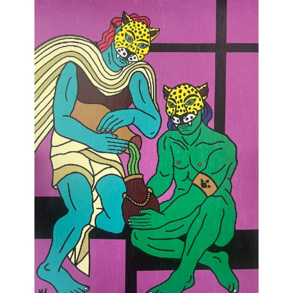 Dos Chamanes y una poción - Rojo / Marco Chato de 20x20 dorado a la hoja pequeño - 24 x 35cm