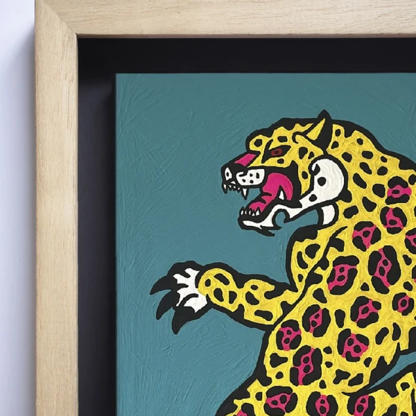 Jaguar Danzante - 35x50 / Marco marupá cera (2 ancho x 3,5 profundidad) + 3 cm de fondo Negro