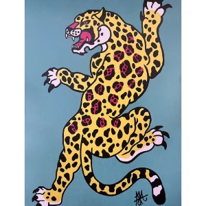 Jaguar Danzante - Celeste / Marco de madera cera de 1 cm grande -  47x34 cm