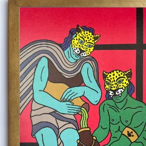 Dos Chamanes y una poción - Rojo / Marco Chato de 20x20 dorado a la hoja grande - 49 x 36cm