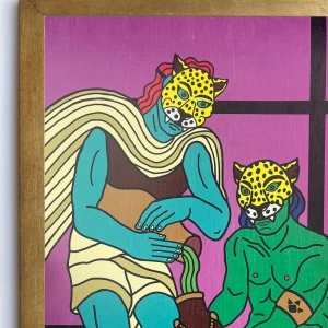 Dos Chamanes y una poción - Violeta / Marco Chato de 20x20 dorado a la hoja pequeño - 24 x 35cm